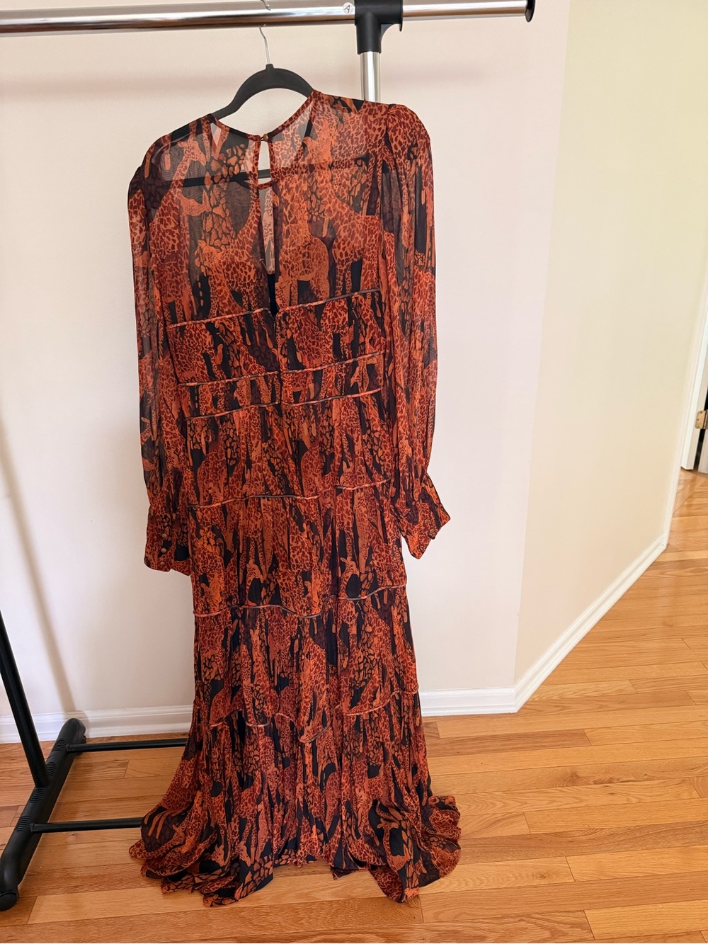 FARM Rio Long Tiered Maxi Dress in Orange and Black Animal Print
